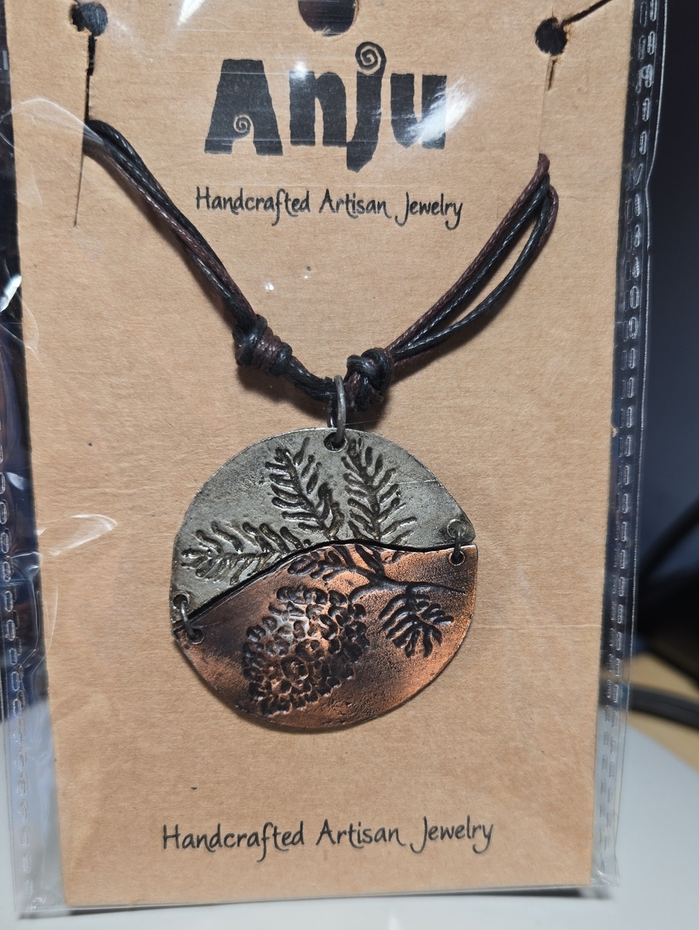 Handcrafted Two-Tone Mixed Metal Pendant Pinecone & Branch On Cord Necklace